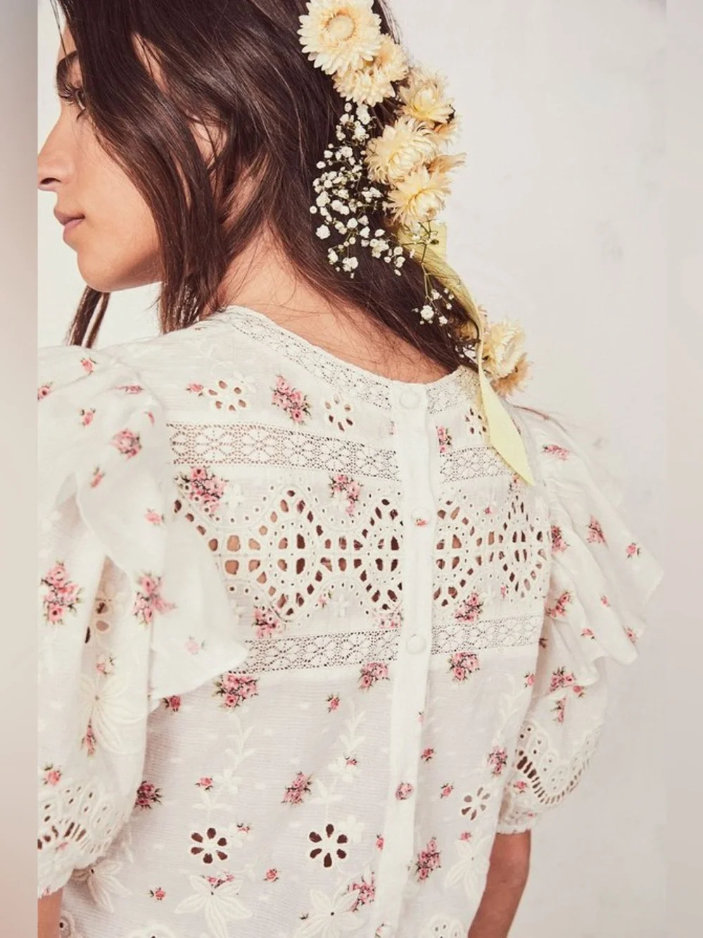 LoveShackFancy Tilda Top in French Cream/Pink Floral, Size Small